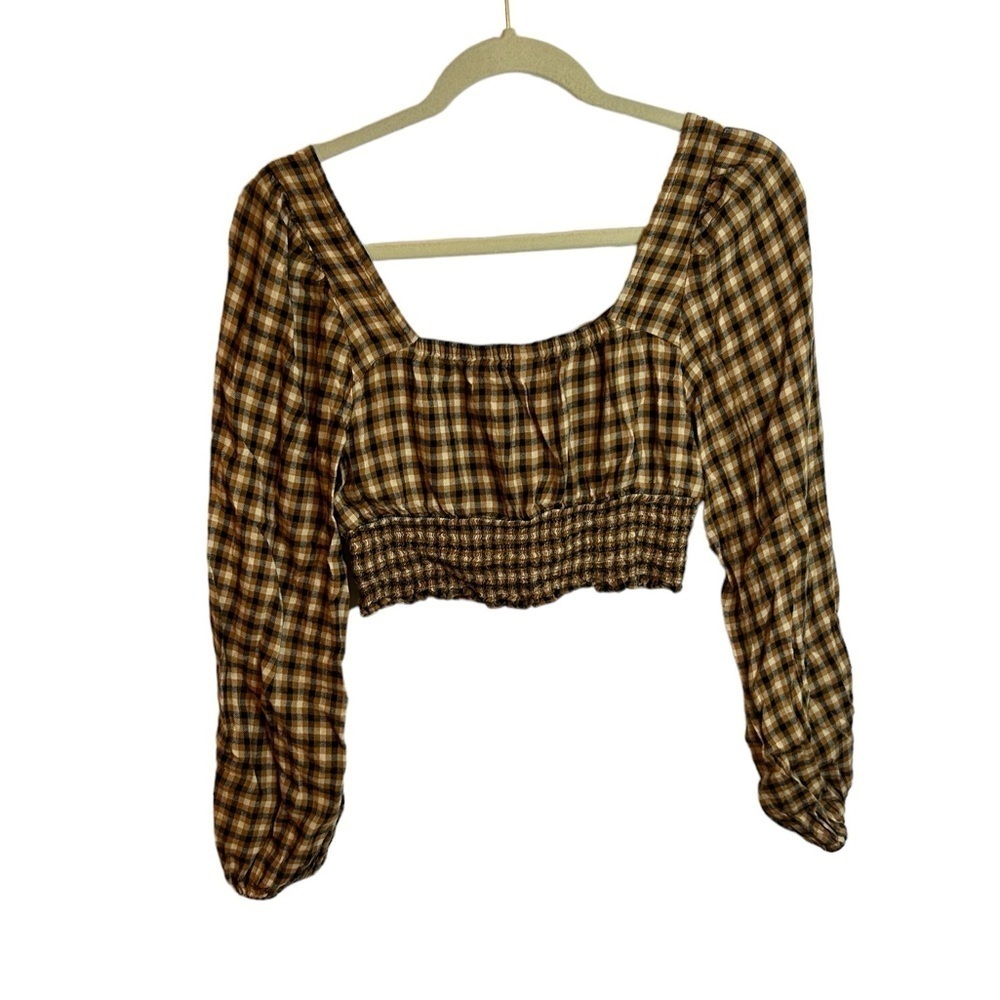 BP PLAID CROPPED SMOCKED PUFF SLEEVE BLOUSE
